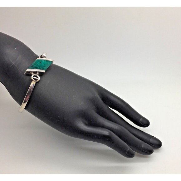 Taxco Sterling Silver Malachite Bracelet Hinged 6 1/2 “ Modernist MOD - Picture 1 of 4